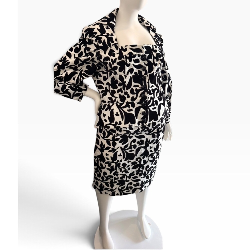Vintage Black White Abstract Floral Flocked Damask Skirt Suit Set handmade large
